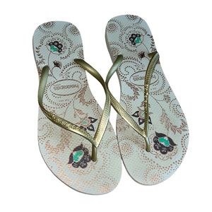 Havaianas women’s slim gold floral print flip flops Size 9